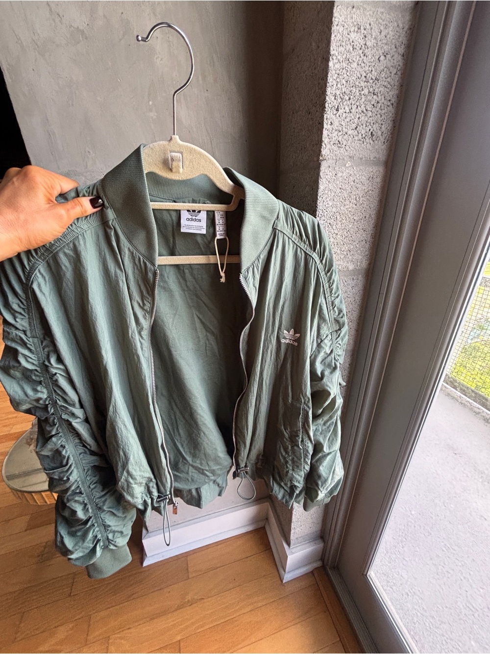 adidas Olive Ruched-Sleeve Bomber Jacket